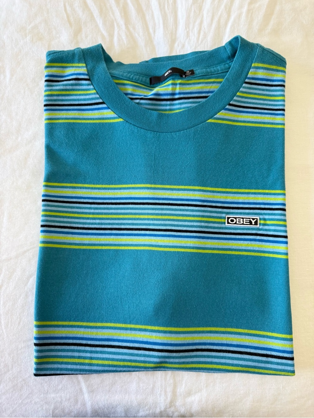 Obey | Mens XL | Blue Green Striped T-Shirt Short Sleeve Crewneck Logo Tee